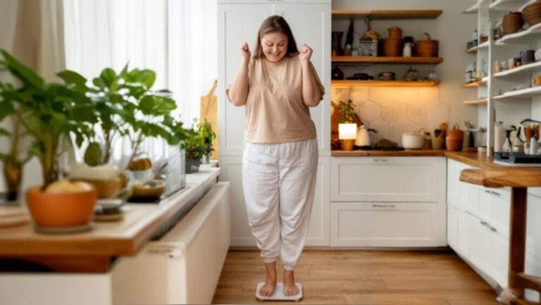 Mulher feliz pesando-se na balança na cozinha