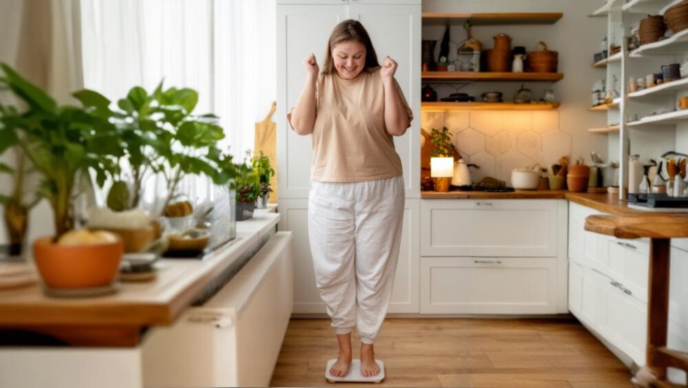 Mulher feliz pesando-se na balança na cozinha