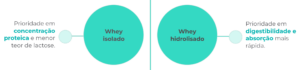 Comparação entre whey isolado e whey hidrolisado, destacando concentração proteica, menor teor de lactose, digestibilidade e absorção mais rápida.
