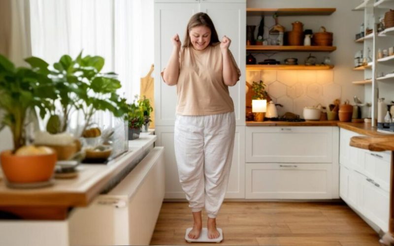 Mulher feliz pesando-se na balança na cozinha