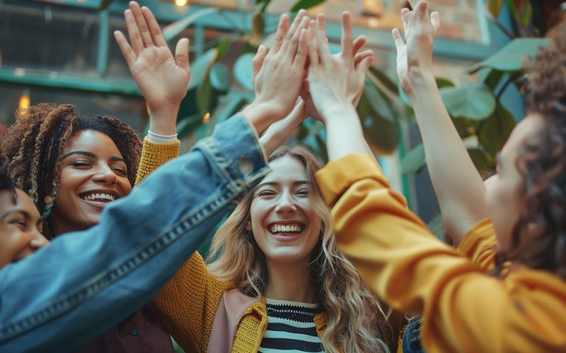 A imagem representa várias mulheres celebrando e felizes.